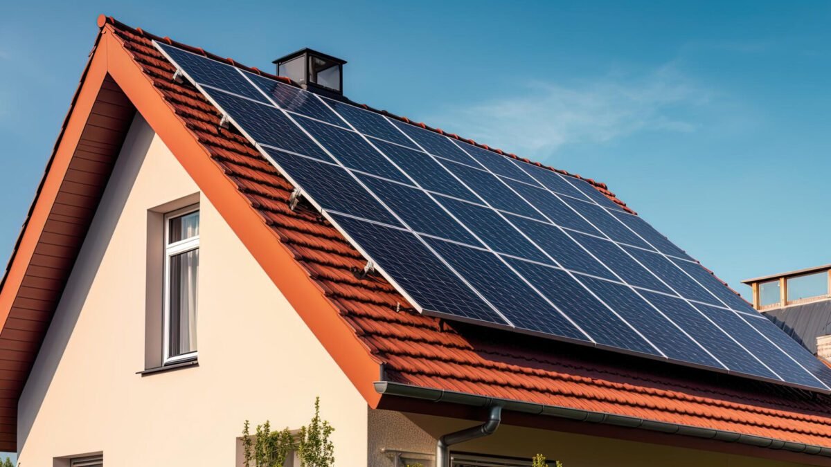 Solar panels installed on a red tile roof of a two-story house