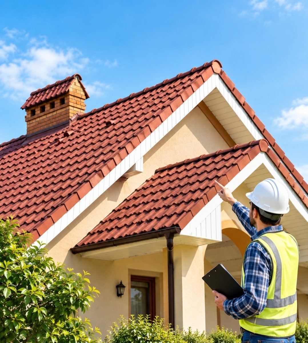 Residential pitched roof next to a flat commercial roof