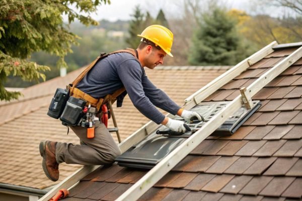 Roofer in a hard hat installing a skylight on a shingle roof
