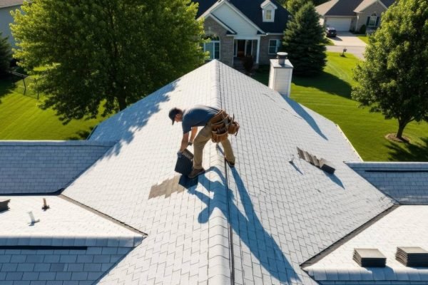 Roofer replacing shingles on a residential roof, seen from above